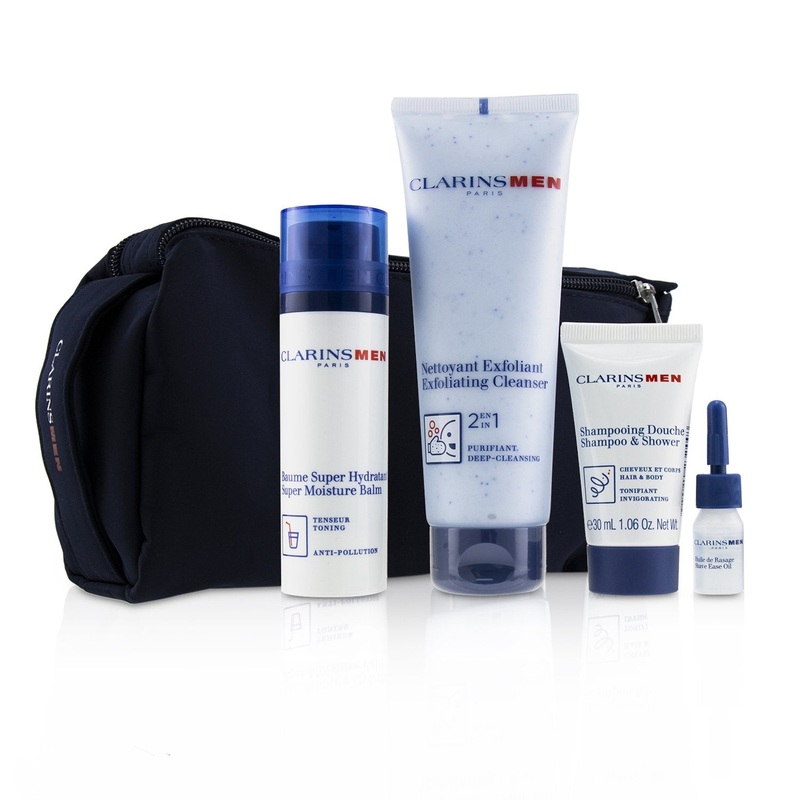 Clarins Men Everyday Heroes Set: 1x Exfoliating Cleanser 125ml + 1x Super Moisture Balm 50ml + Shampoo & Shower 30ml + Shave Ease 3ml  4pcs