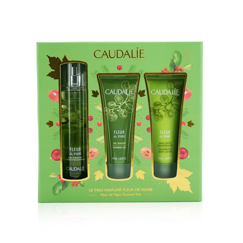 Caudalie Fleur De Vigne Christmas Coffret: Fresh Fragrance Spray 50ml + Shower Gel 50ml + Body Lotion 50ml (Light Green Line)  3pcs