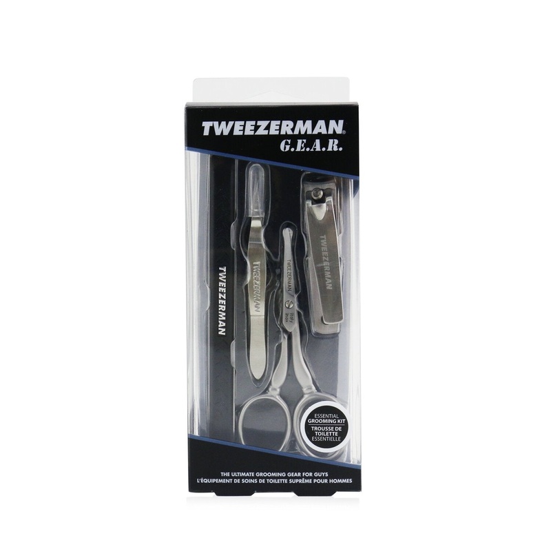 Tweezerman G.E.A.R. Essential Grooming Kit: Point Tweezerette+Facial Hair Scissors+Fingernail Clipper+Multi-Use Nail Tool+Leather Pouch  4pcs+1pouch