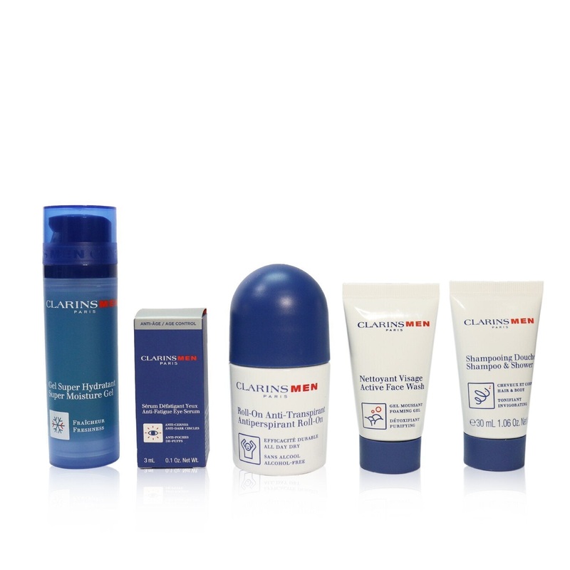 Clarins Men Grooming Essentials For Men Travel Exclusive Kit: Moisture Gel 50ml + Face Wash 30ml + Eye Serum 3ml + Antiperspirant Roll-On 50ml + Shampoo & Shower 30ml  5pcs+1bag