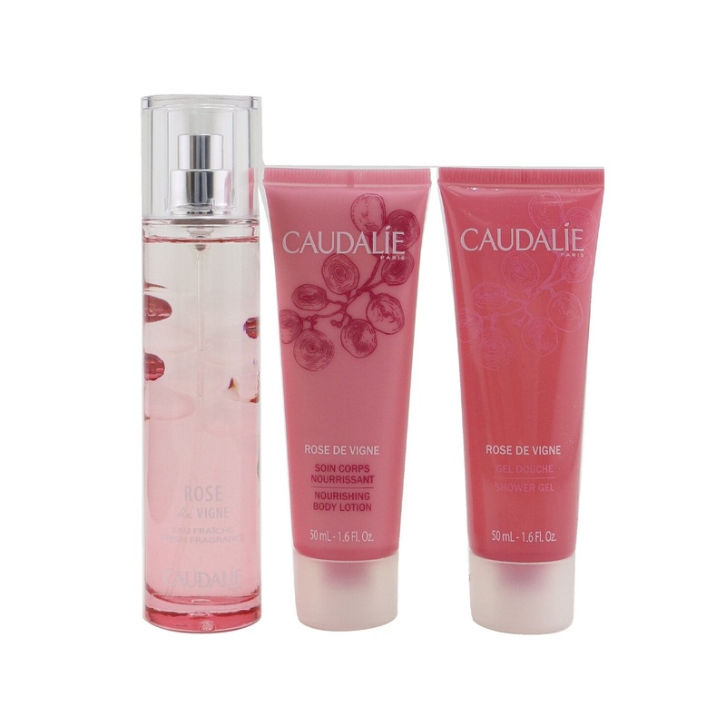 Caudalie Rose De Vigne Christmas Coffret: Fresh Fragrance Spray 50ml + Shower Gel 50ml + Body Lotion 50ml (Pink Line)  3pcs