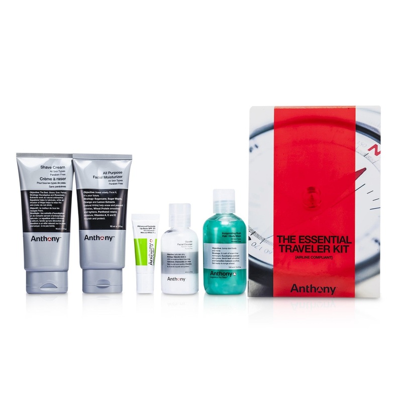 Anthony Logistics For Men The Essential Traveler Kit:  Cleanser + Mositurizer + Lip Blam + Shave Cream + Hair & Body Wash  5pcs