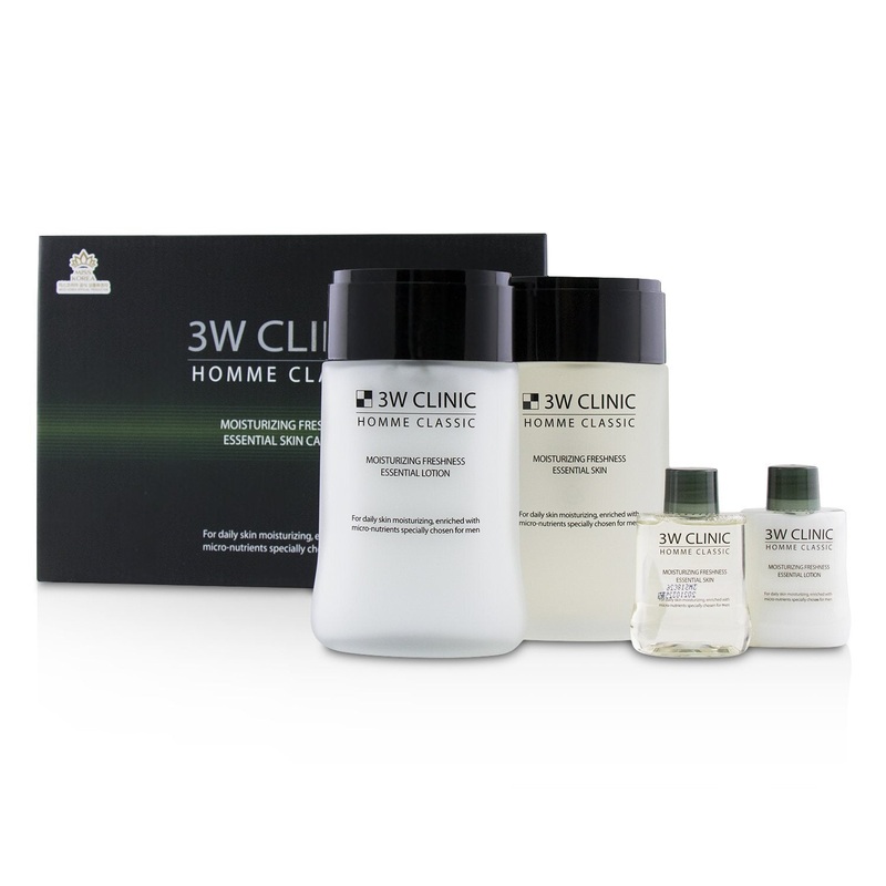 3W Clinic Homme Classic - Moisturizing Freshness Essential Skin Care Set: Essential Skin 150ml+30ml + Essential Lotion 150ml+30ml  4pcs